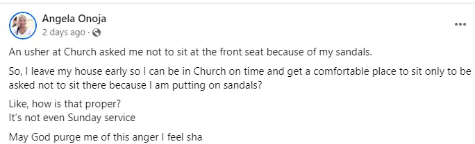 Lady blows hot after she was allegedly asked not to sit in front of church due to her sandals