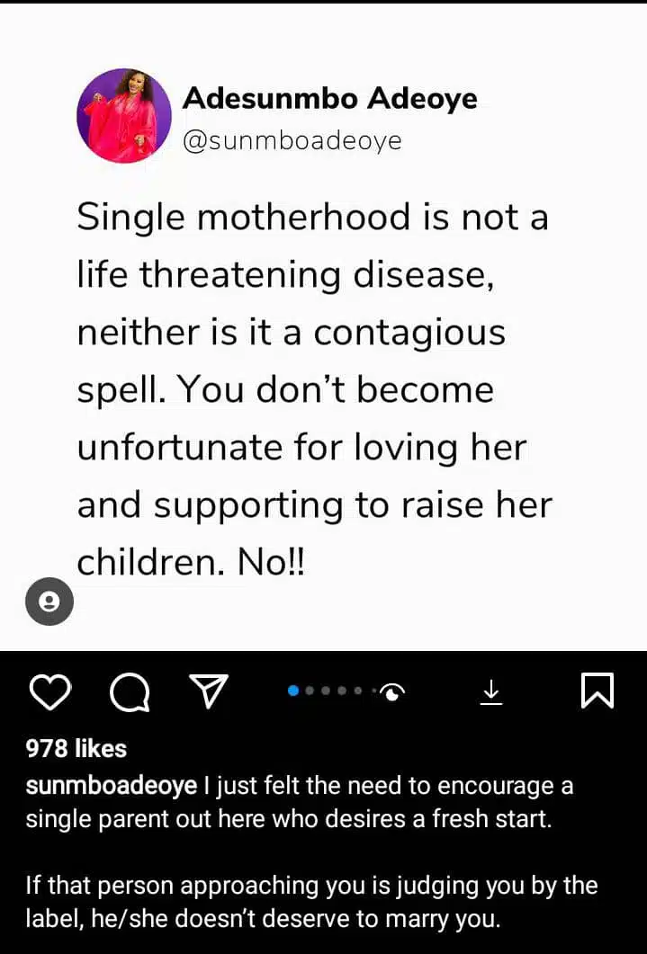 Sunmbo Adeoye urges men to love single mothers without stigma