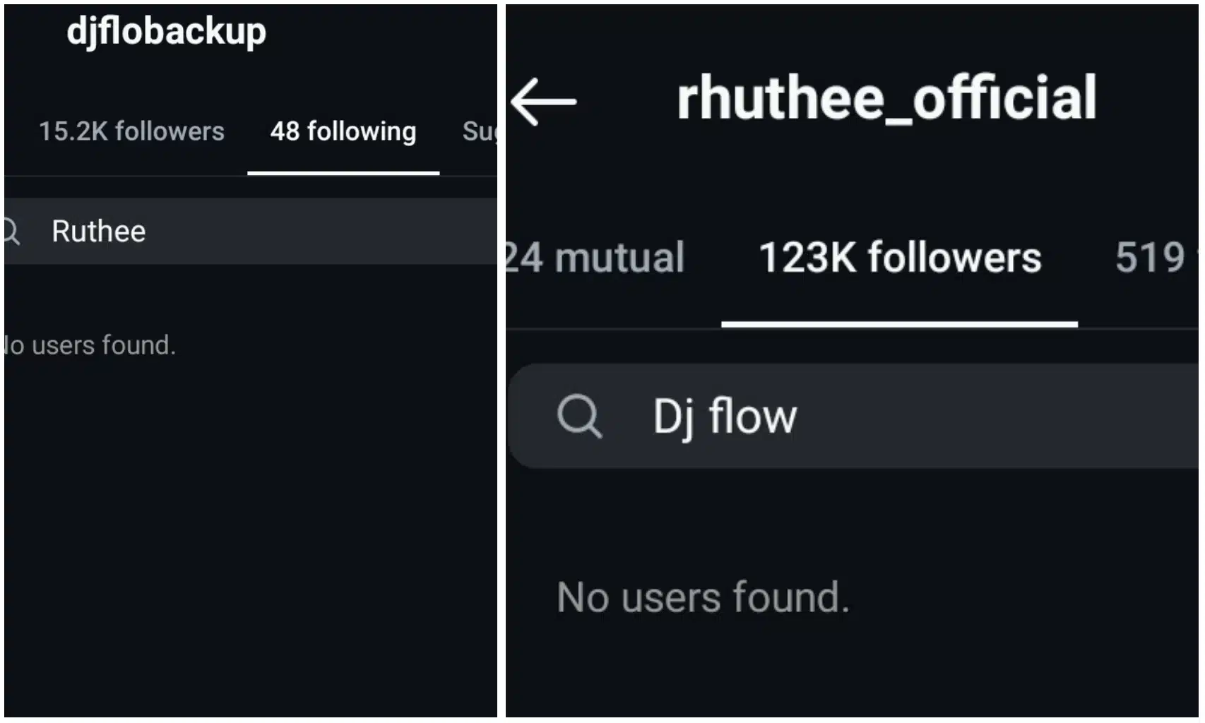 Screenshot of Ruthee and Dj flow unfollowing each other on Instagram 