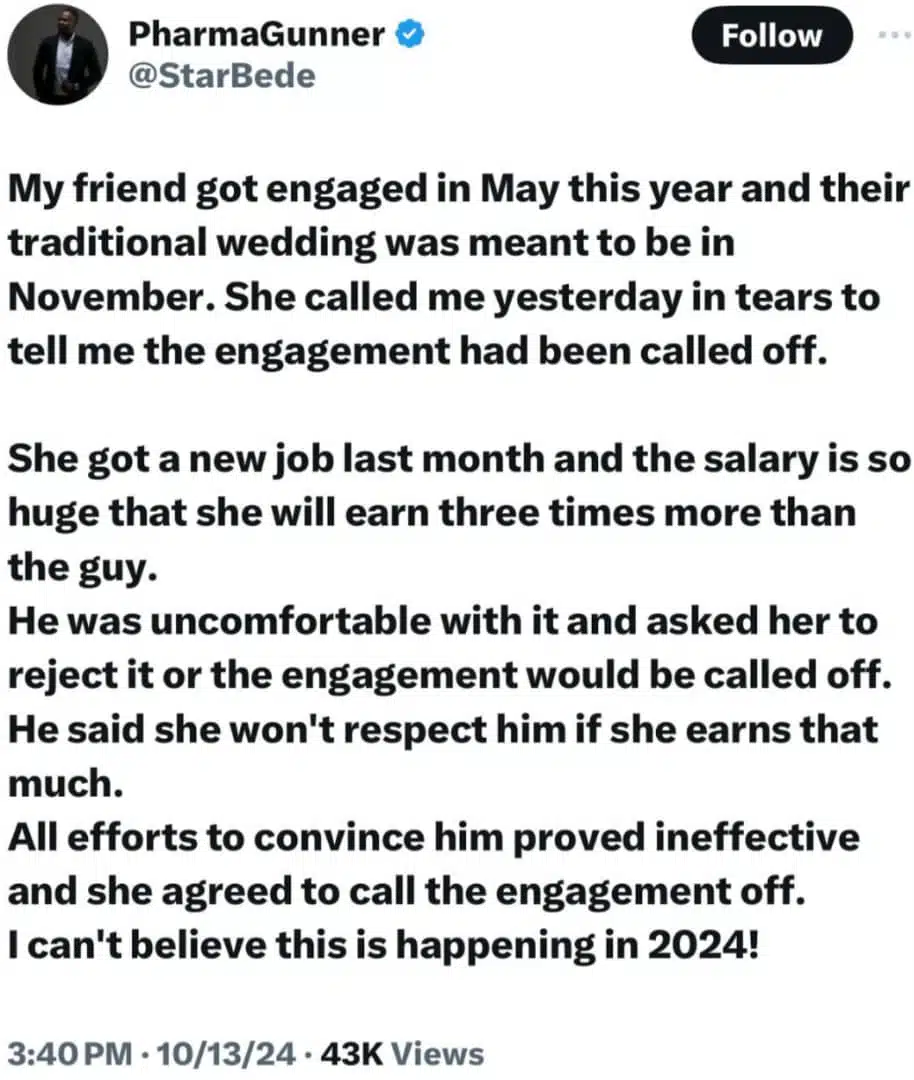 Man reportedly calls off engagement over fiancee's refusal to reject high salary job 