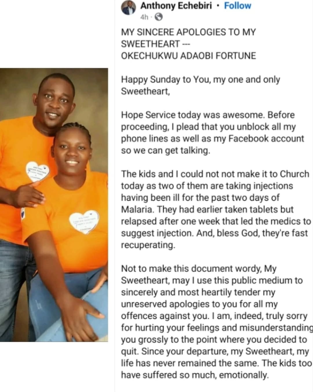 Man publicly apologizes to estranged wife after accusing her of cheating