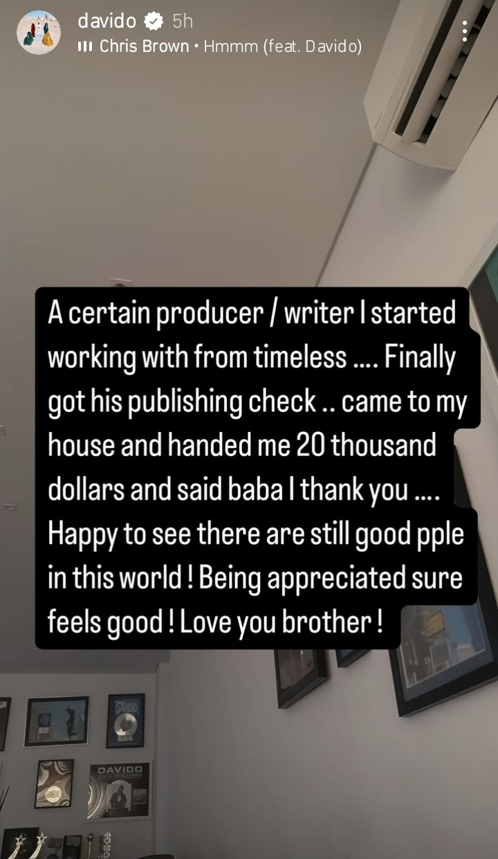 Davido recounts getting $20K gift from a grateful producer