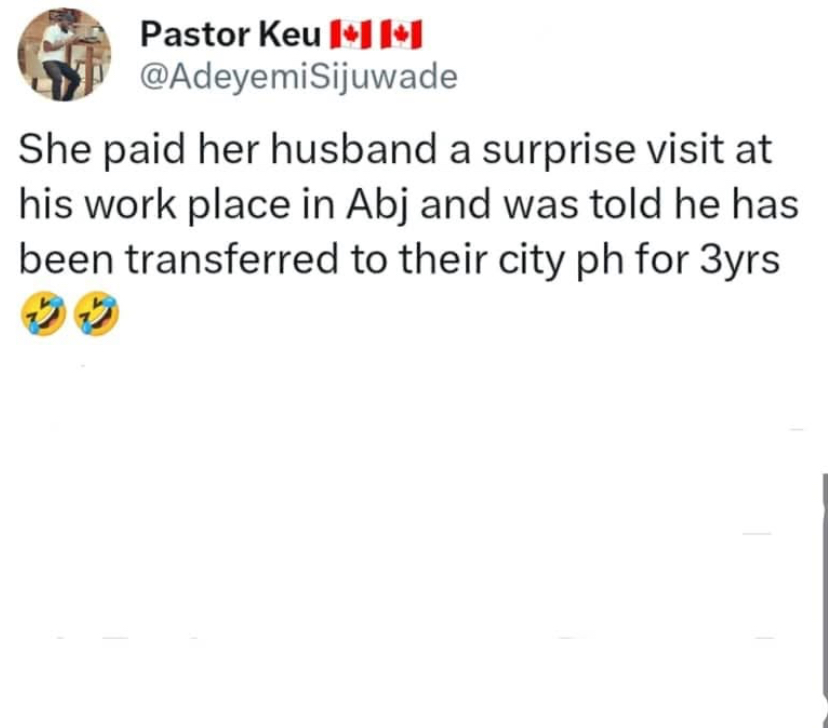 Wife travels to Abuja to surprise husband, discovers he’s been transferred back to their city 3 years ago
